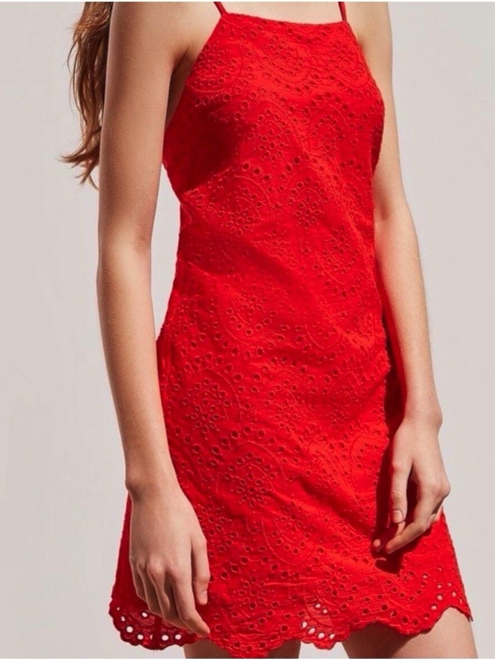 Kimchi Blue Women’s Red Eyelet Square Neck Scalloped Hem Mini Spaghetti Dress
